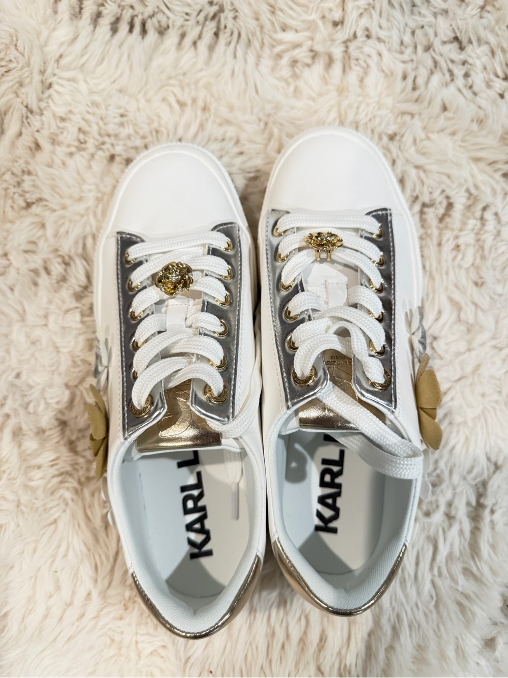 Karl Lagerfeld White Sneakers with Gold and Silver Floral Accents - Picture 5 of 7